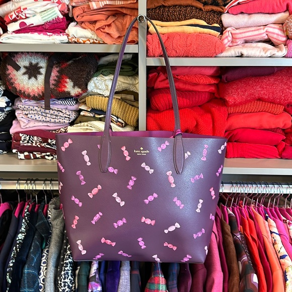 kate spade Handbags - Kate Spade purple/pink reversible candy tote bag with detachable charm & pouch.